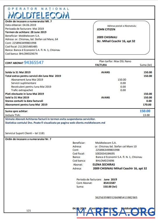 Blank Moldova Moldtelecom utility bill template in Word and PDF format, fully editable